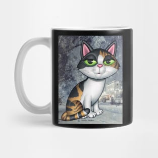 Cute Calico Kitty on grayish winter evening scene Mug